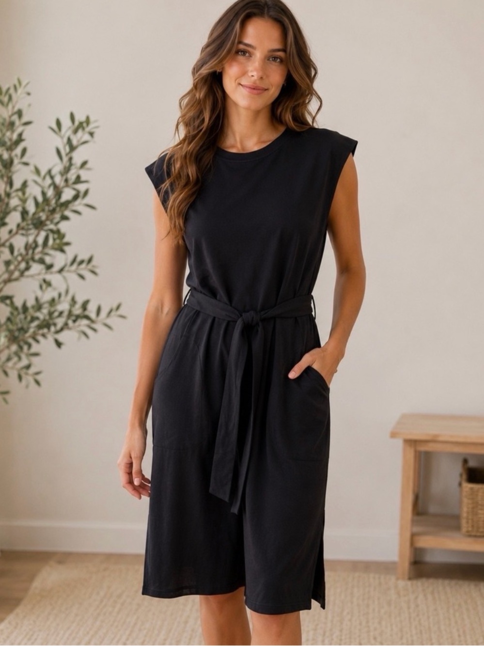 SPANX AirEssentials Black Sleeveless Midi Dress with Removable Waist Tie Small